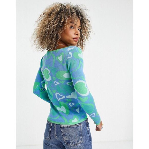 Asos Square Neck Sweater Women's 14 Blue Bold Heart Print Knit Pullover Top - Picture 3 of 13